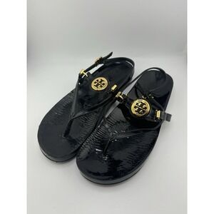 Tory Burch Ali thong sandals black patent leather Womens Size 7 US Black/Gold